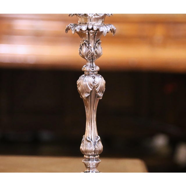 Metal Pair of French Rococo Style Silver Plated Three-Light Candelabras For Sale - Image 7 of 13