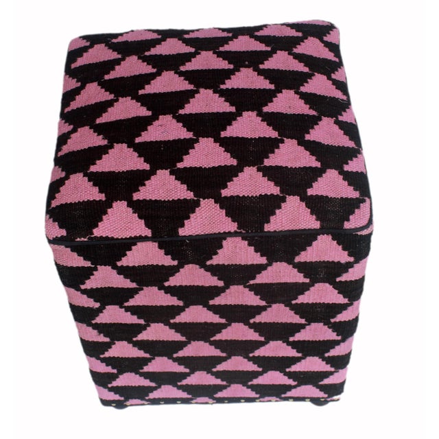Wood Boho Chic Black/Pink Kilim Upholstered Handmade Ottoman For Sale - Image 7 of 8