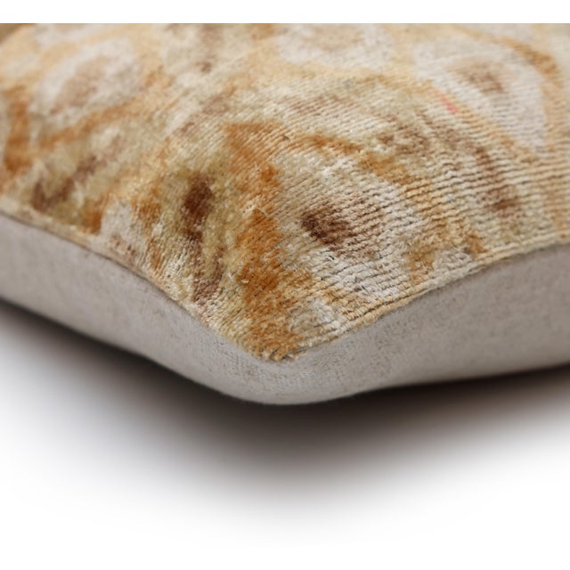 Textile Champagne Ikat Silk Velvet Throw Pillow 20x20 | Handmade Neutral Luxury Accent Pillow For Sale - Image 7 of 8