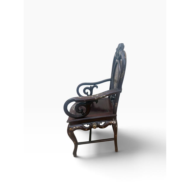 Vintage Chinese Hardwood Armchair With Mother-of-Pearl Inlay and Carved Longevity Motifs For Sale - Image 9 of 15