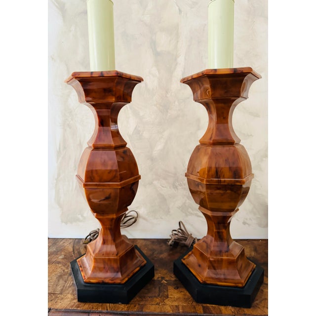 Mid-Century Modern Vintage Stiffel Company Mid Century Modern Faux Tortoise Shell Table Lamps - A Pair For Sale - Image 3 of 12