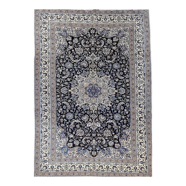 Vintage Nain Area Rug, Hand-Knotted Wool & Silk, Floral Pattern, 7x11, Navy & Ivory For Sale