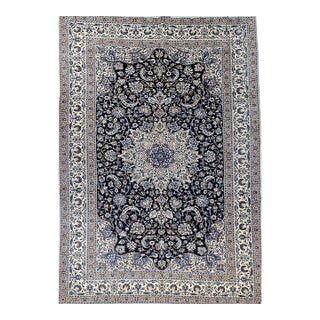 Vintage Persian Nain Area Rug, Hand-Knotted Wool & Silk, Floral Pattern, 7x11, Navy & Ivory For Sale