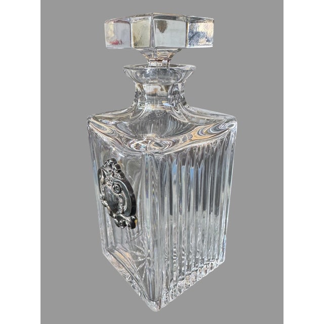 Vintage Atlantis Crystal Liquor Whiskey Striped Pattern Glass Decanter With Silverplate Crest In very good original...