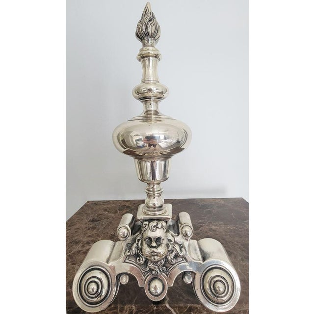 Italian Italian Die-Cast Brass Andiron Set in Antique Silver Finish For Sale - Image 3 of 7