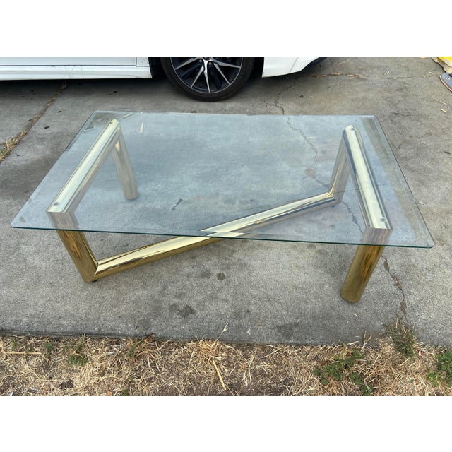 1970s Attributed to Karl Springer Hollywood Regency Style MCM Brass Tubular Coffee Glass Table For Sale - Image 18 of 18
