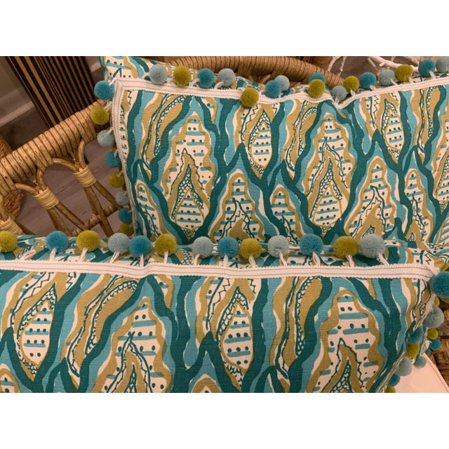 Coastal Pair of Green & Blue Pom Pom Down Pillows For Sale - Image 3 of 4