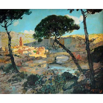 Peters, Landscape with Bridge, Oil on Canvas For Sale