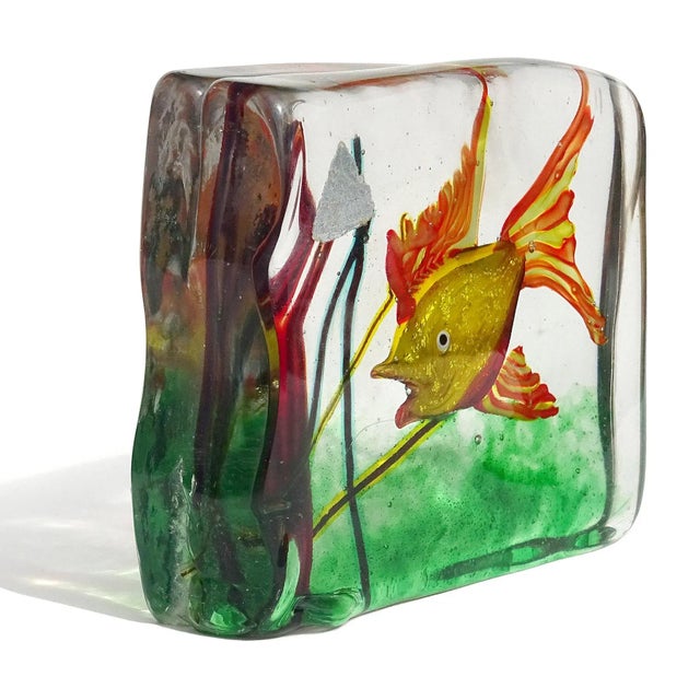 Mid 20th Century Vintage Murano Yellow Orange Silver Flecks Fish Italian Art Glass Mid Century Aquarium Block Sculpture For Sale - Image 5 of 8