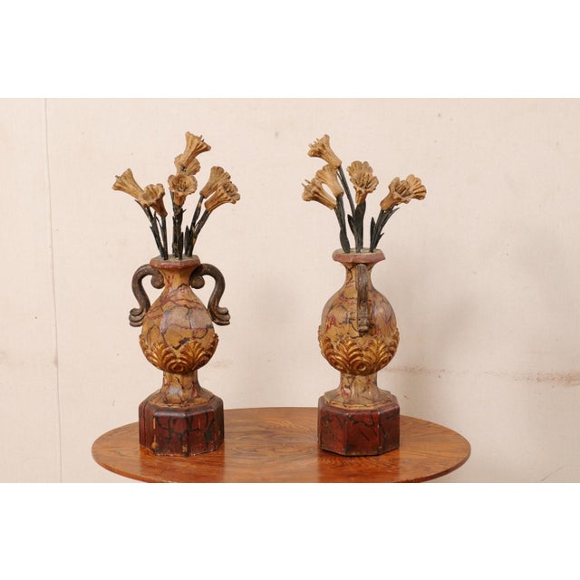 Italian Antique Polychrome Floral Urns - a Pair For Sale - Image 10 of 11