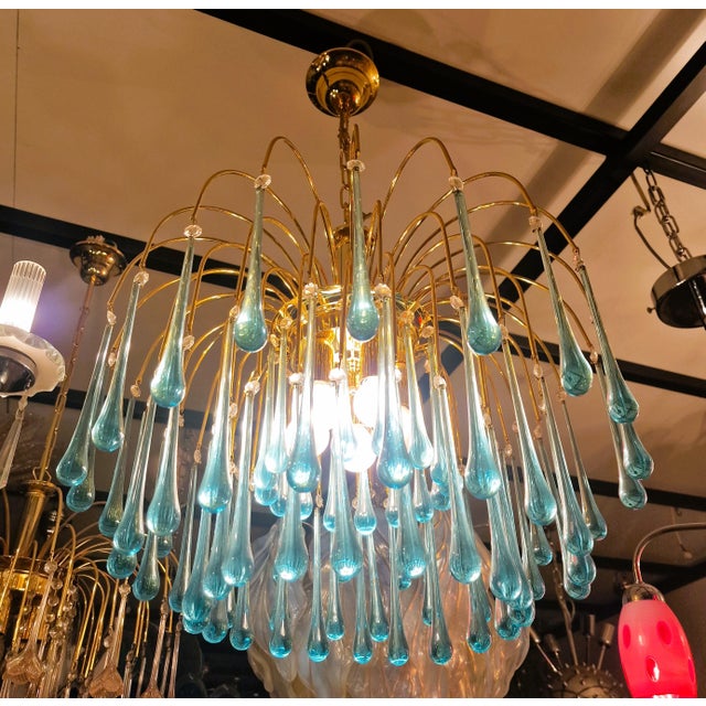 Blue Vintage Gold Rain Chandelier with Handmade Murano Glass Blue Drop, Italy, 1960 For Sale - Image 8 of 13