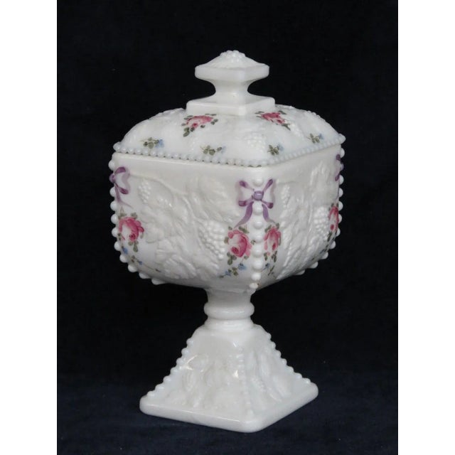 Westmoreland Milk Glass Beaded Edge Square Grape Pedestal Candy Bowl For Sale - Image 11 of 11