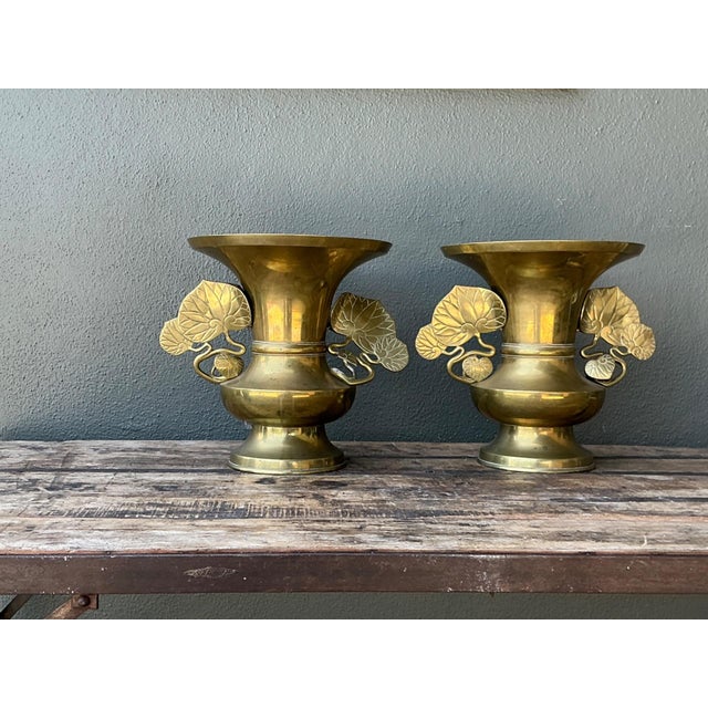 Vintage Brass Ginko Motif Vases - A Pair For Sale - Image 10 of 16