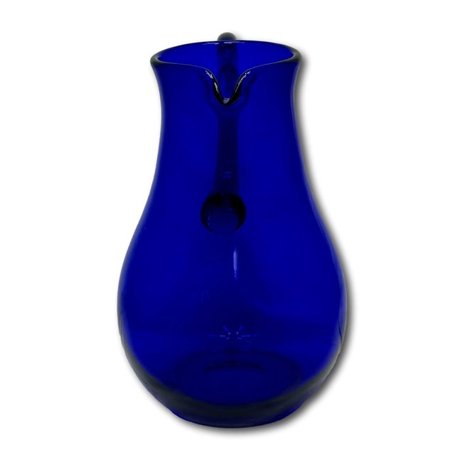 Stunning Vintage Retro Art Deco Deep Cobalt Blue Hand Blown Art Glass Pitcher - Circa Mid 20th Century For Sale - Image 14 of 18