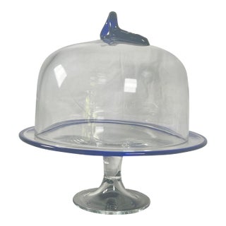 Vintage Hand-Blown Cake Stand With Cover, Cobalt Blue Trim For Sale