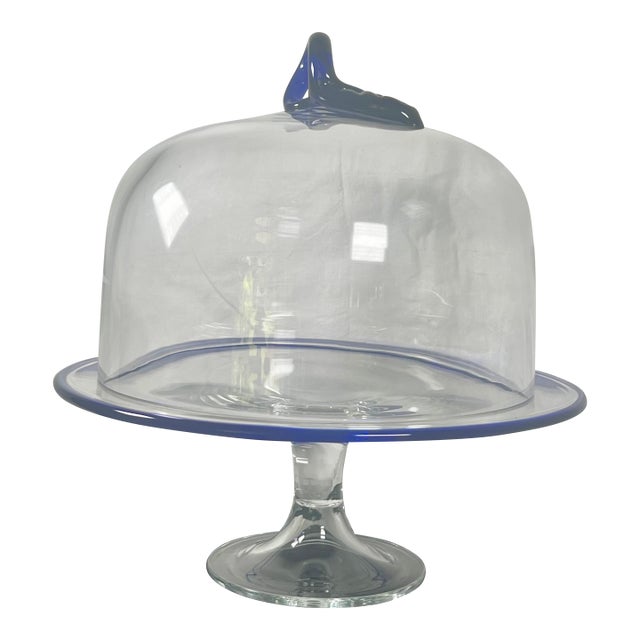 Vintage Hand-Blown Cake Stand With Cover, Cobalt Blue Trim For Sale
