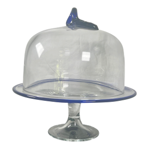 Vintage Hand-Blown Cake Stand With Cover, Cobalt Blue Trim