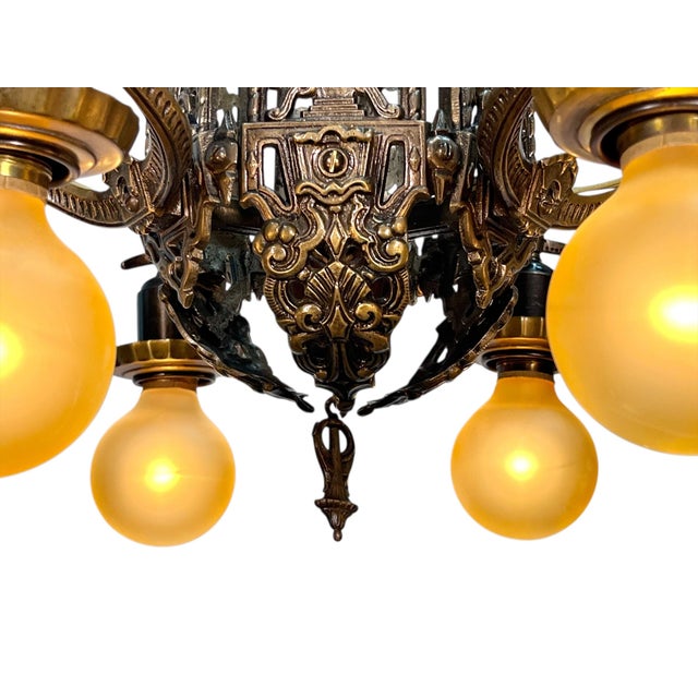 1920s Cast Bronze 6 Light Chandelier With Ladies and Revived Original Finish #2596 For Sale - Image 4 of 14