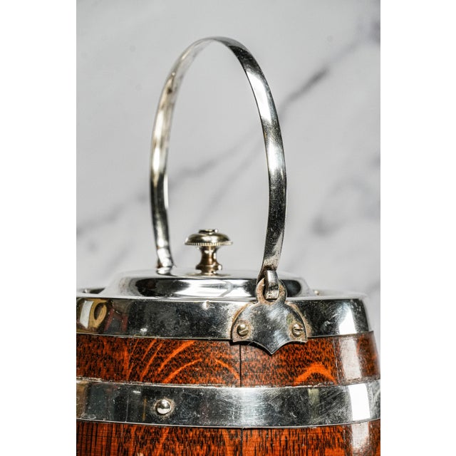 Charming Antique English Silverplate Dark Oak Biscuit Jar With Porcelain Lining Shield Home Decor For Sale - Image 4 of 12