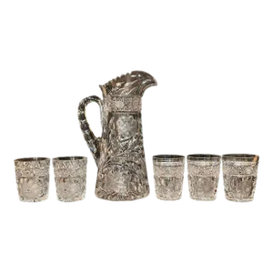 Antique Hand Cut Crystal Pitcher Tumbler Glass Set American Brilliant Period by Meriden- 6 Pieces