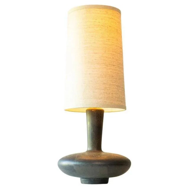 Dark Brown Ceramic Table Lamp with Silk Lampshade attributed to R. Houben, 1970s For Sale - Image 11 of 11