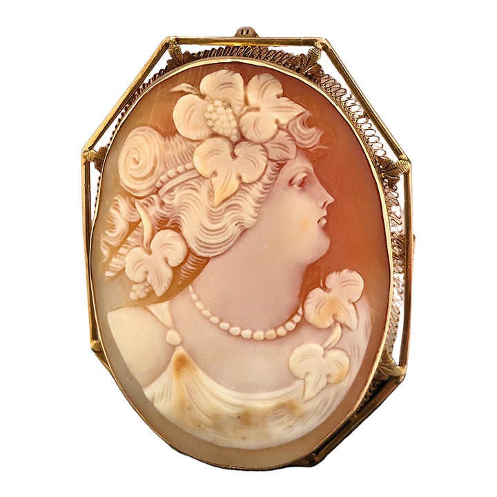 Victorian Shell Cameo Brooch Pendant, Hand-Carved, Gold Setting | Chairish