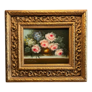 French Baroque Gold-Gilt Framed Original Oil Floral Still Life on Canvas, Green, Pink & Blue For Sale