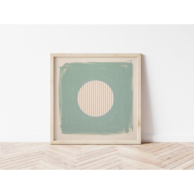 Contemporary Sage Green Neutral Geometric Abstract Art Print by Emily Keating Snyder | 36 X 36 Print in Wood Frame For Sale - Image 3 of 4