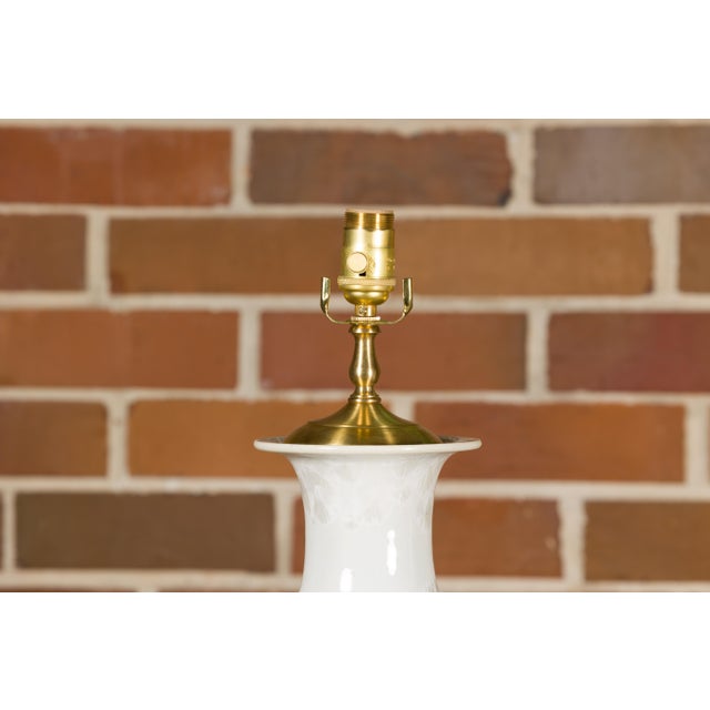 Pair of White Porcelain Vase Table Lamps on Lucite Bases with Textured Décor For Sale - Image 9 of 12