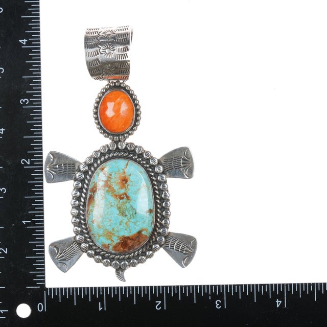 Huge Adam Fierro Mestizo sterling, turquoise, spiny oyster turtle pendant For Sale In Austin - Image 6 of 8