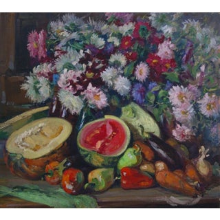 Original Still Life Oil Painting: Flowers and Food, Ukrainian Art 78-88 For Sale
