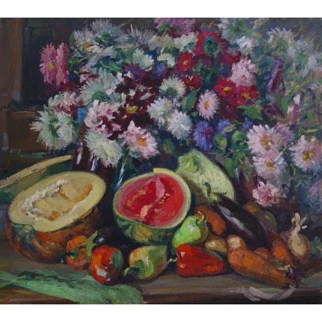Original Still Life Oil Painting: Flowers and Food, Ukrainian Art 78-88 For Sale
