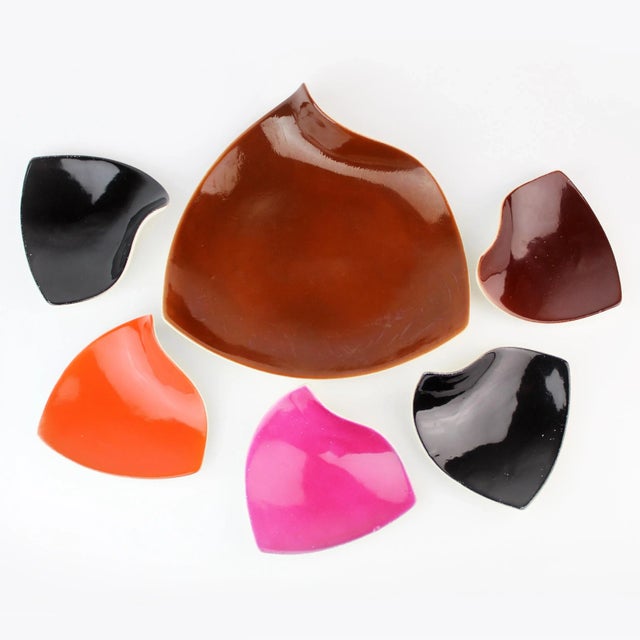 Rare MCM colorful/lovely set of 6 serving plates Handmade at Faianta Sighisoara factory, Romania Era: 1960s Material:...