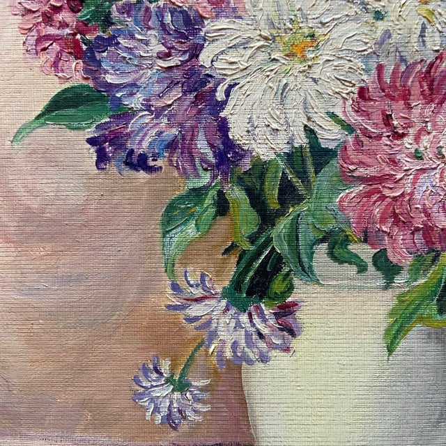 French Artist, Still Life of a Vase of Dahlias, 1960s, Oil on Canvas For Sale - Image 6 of 10