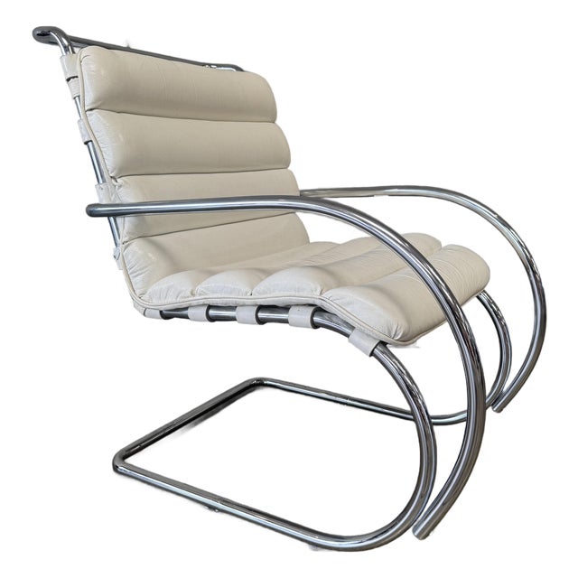 Vintage White Leather and Chrome Lounge Chair Attributed to Knoll For Sale