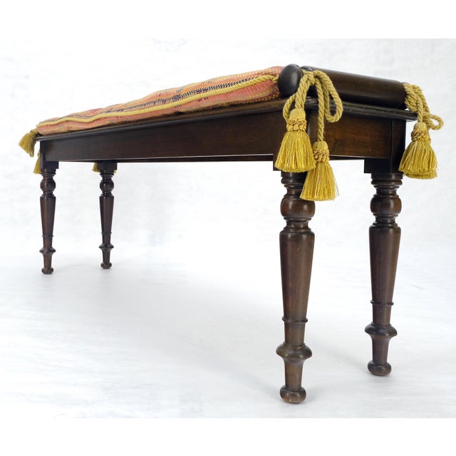 Mid 20th Century Fine Turned Solid Mahogany Base Tassels Decorated Upholstery 48" Long Bench MINT For Sale - Image 5 of 16