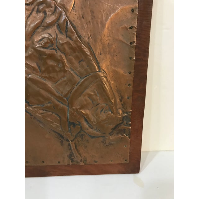 Tramp Art Vintage 3-D Hammered Copper Horse Head on Rustic Stained Wood For Sale - Image 4 of 13