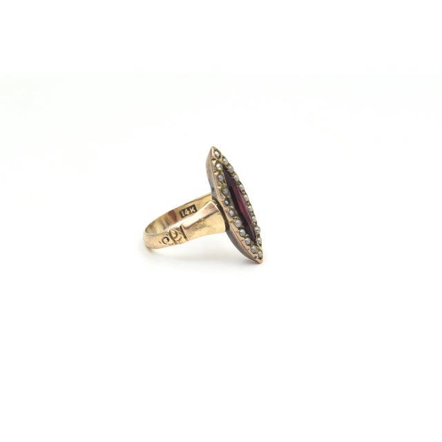 Antique Victorian 14k Gold Garnet and Seed Pearl Navette Ring, Size 5 For Sale - Image 9 of 12