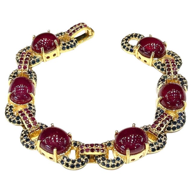 Bochic "Capri" Vintage Ruby & Blue Sapphire Bracelet Set In 18K Gold & Silver For Sale - Image 15 of 18