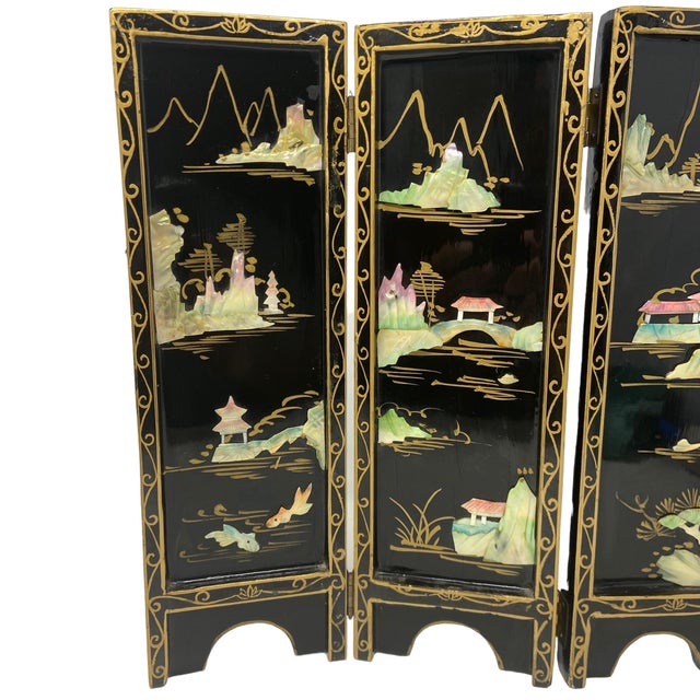 Vintage 18”x14” Black Hand Painted, Lacquer and Mother of Pearl Oriental Wood Screen. Shows signs of age on the wood. The...