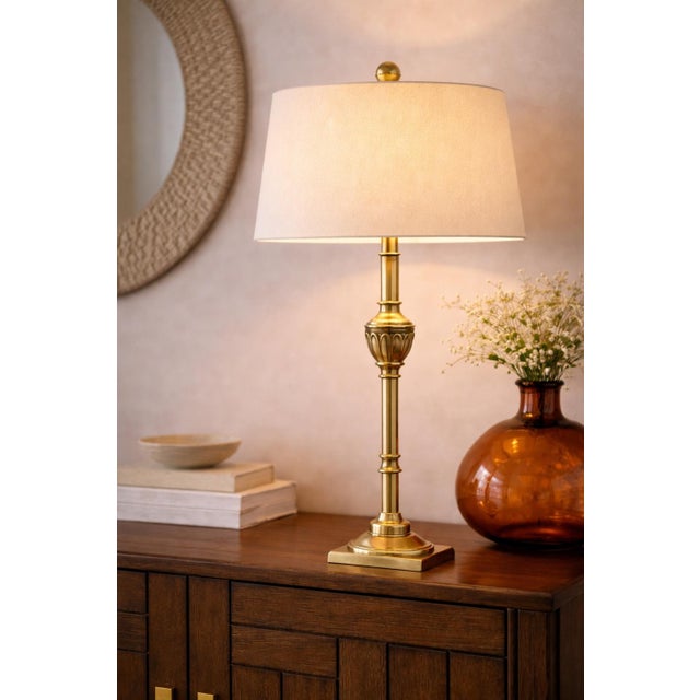 Metal Late 20th Century Sunlit Brass Table Lamp With Linen Drum Shade – Tall Transitional Classic Column Form, 34” H For Sale - Image 7 of 7