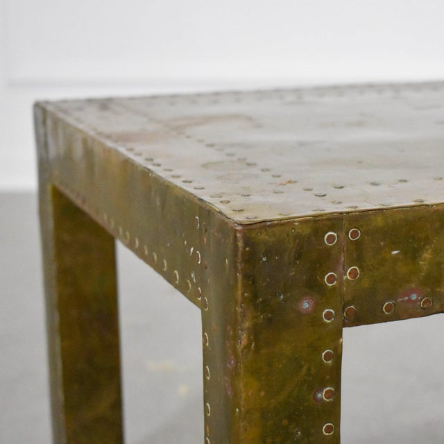 1970's Brass-Clad Riveted Sarried Style Parsons Occasional Table For Sale - Image 4 of 8