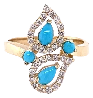 Turquoise and Diamond 14 Karat Yellow Gold Cocktail Ring, Size 7