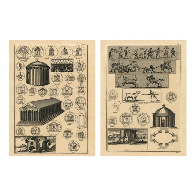 After Montfaucon, Roman Antiquarian Studies of Coins, Temples & Ritual Architecture, 1721, Engravings, Set of 2 For Sale