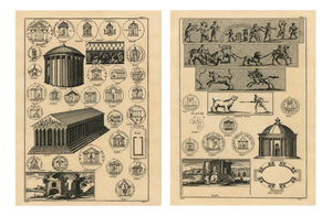 After Montfaucon, Roman Antiquarian Studies of Coins, Temples & Ritual Architecture, 1721, Engravings, Set of 2