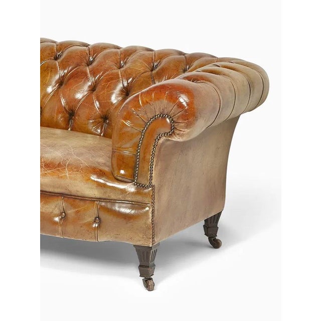 Circa 1930s English Chesterfield Tufted Leather Sofa in Original Distressed Tan Leather For Sale In Los Angeles - Image 6 of 9