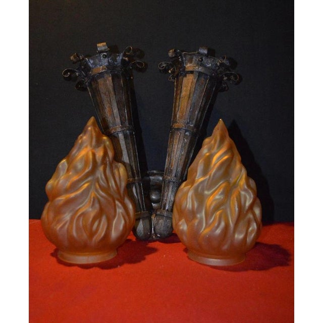 Victorian Gothic Twin Torchère Wall Light with Opaline Flame Shades, 1850s For Sale - Image 9 of 18