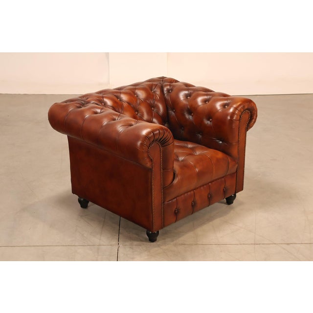 English Chesterfield Style Tufted Brown Leather Club Chair For Sale - Image 3 of 16
