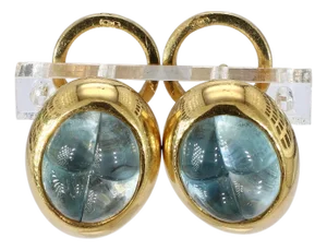 Mid 20th Century Pair of 18k Yellow Gold Modified Hoop Earrings With Carved Aquamarine Cabochons