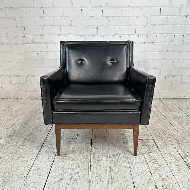 Wood Mid Century Modern Black Vinyl Lounge Chair With Walnut Base Milo Baughman Style For Sale - Image 7 of 12